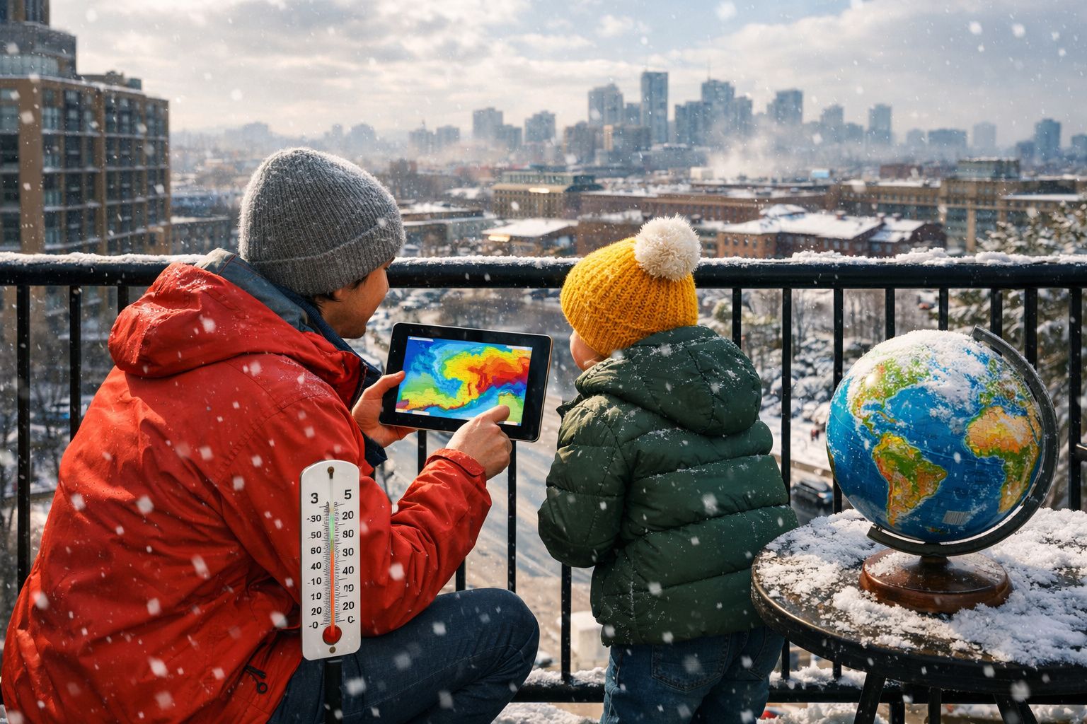 Adulto e criança em roupas de inverno consultam previsão do tempo em tablet, com globo terrestre e cidade nevada ao fundo.