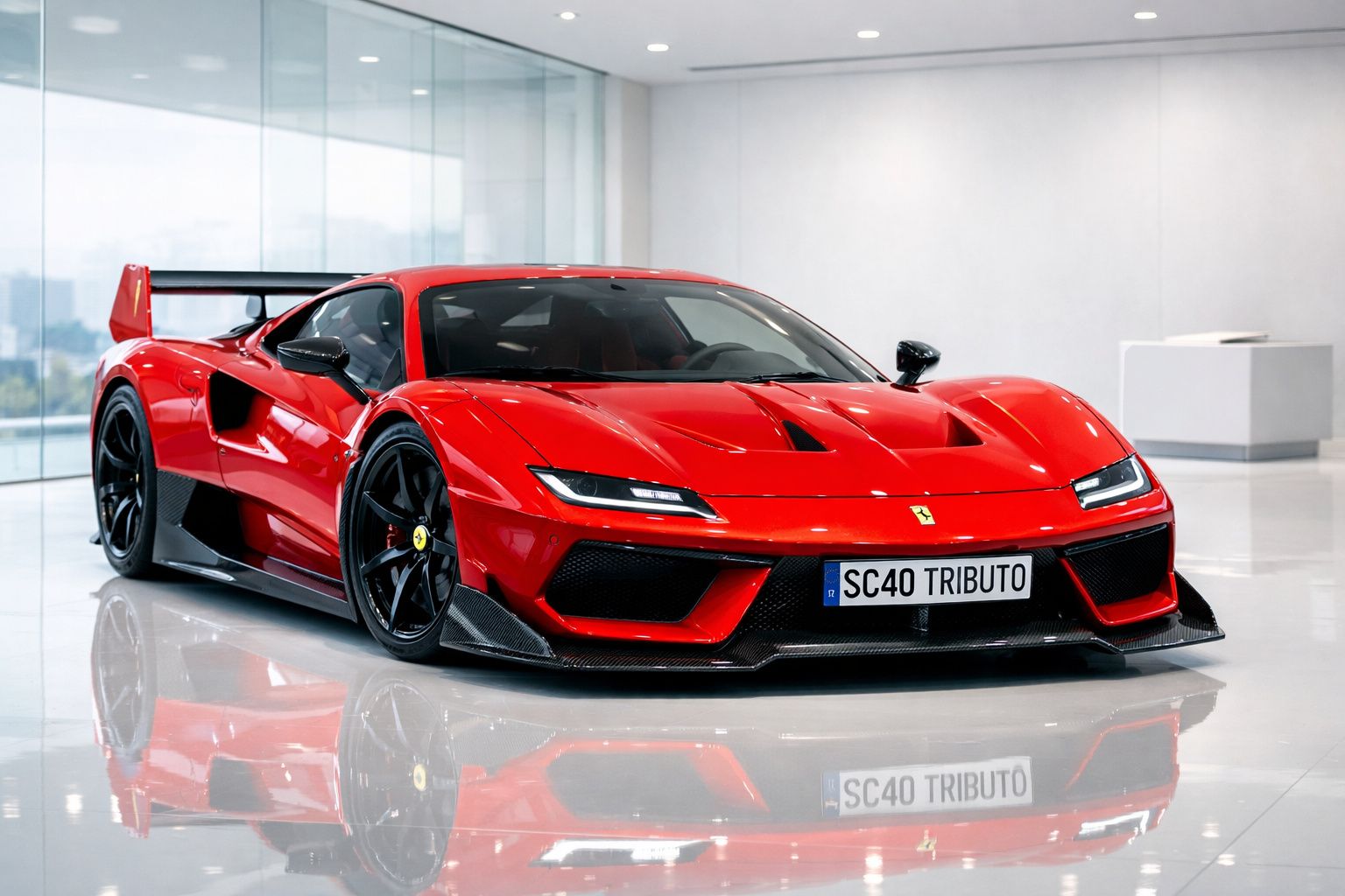 Automóvel desportivo Ferrari vermelho SC40 Tributo estacionado em piso branco brilhante com fundo branco.