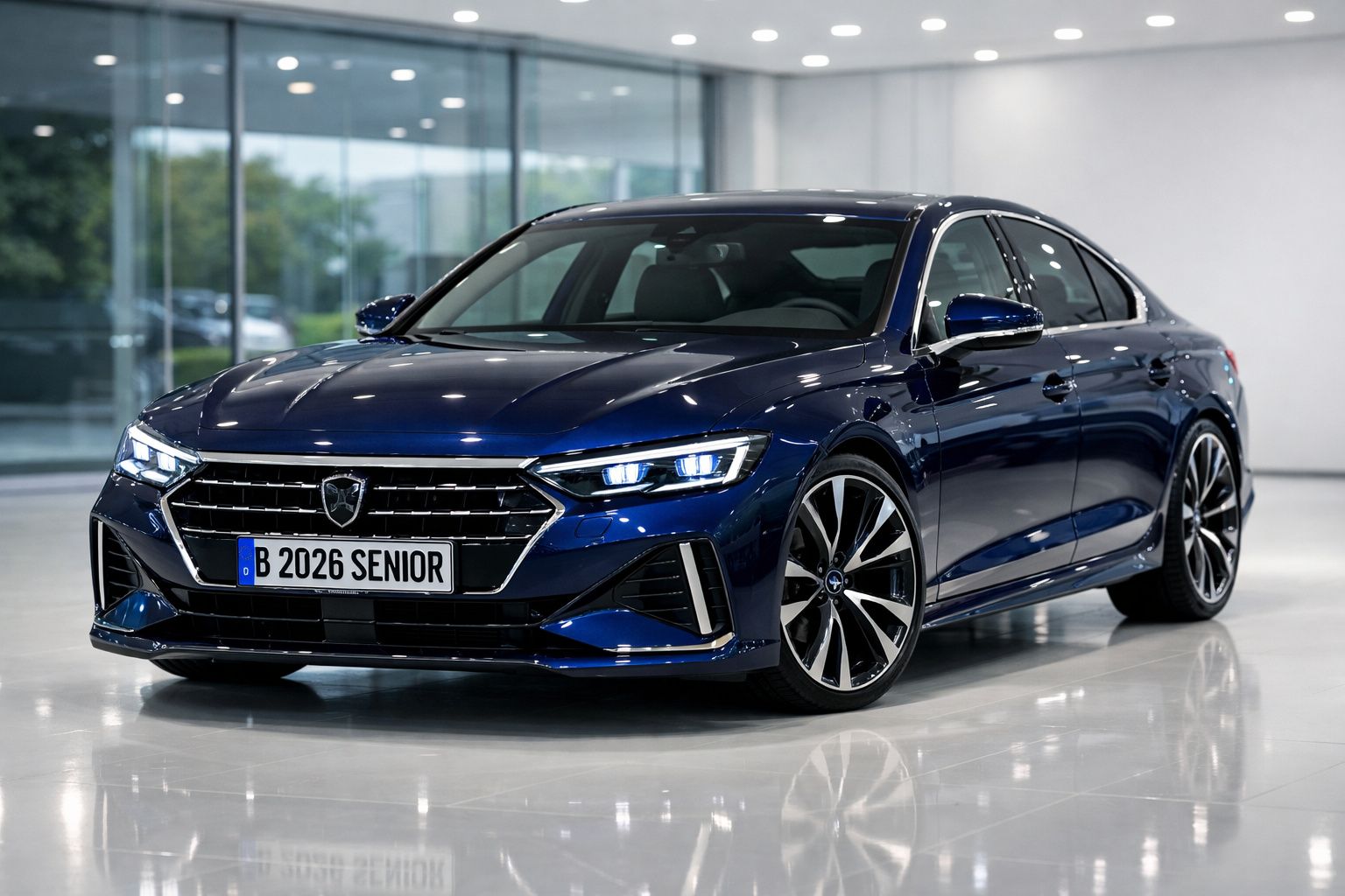 Automóvel sedan azul escuro Peugeot 508 estacionado em piso interior brilhante.