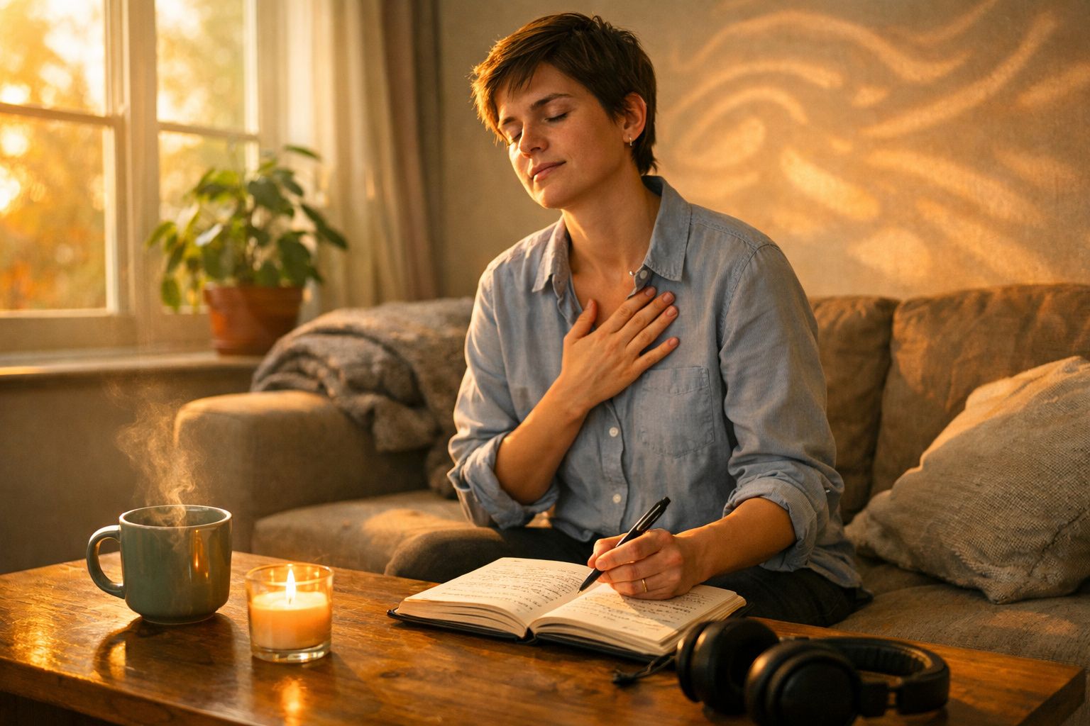 Mulher sentada no sofá com caderno aberto, mão no peito, perto de vela e chá quente na mesa.
