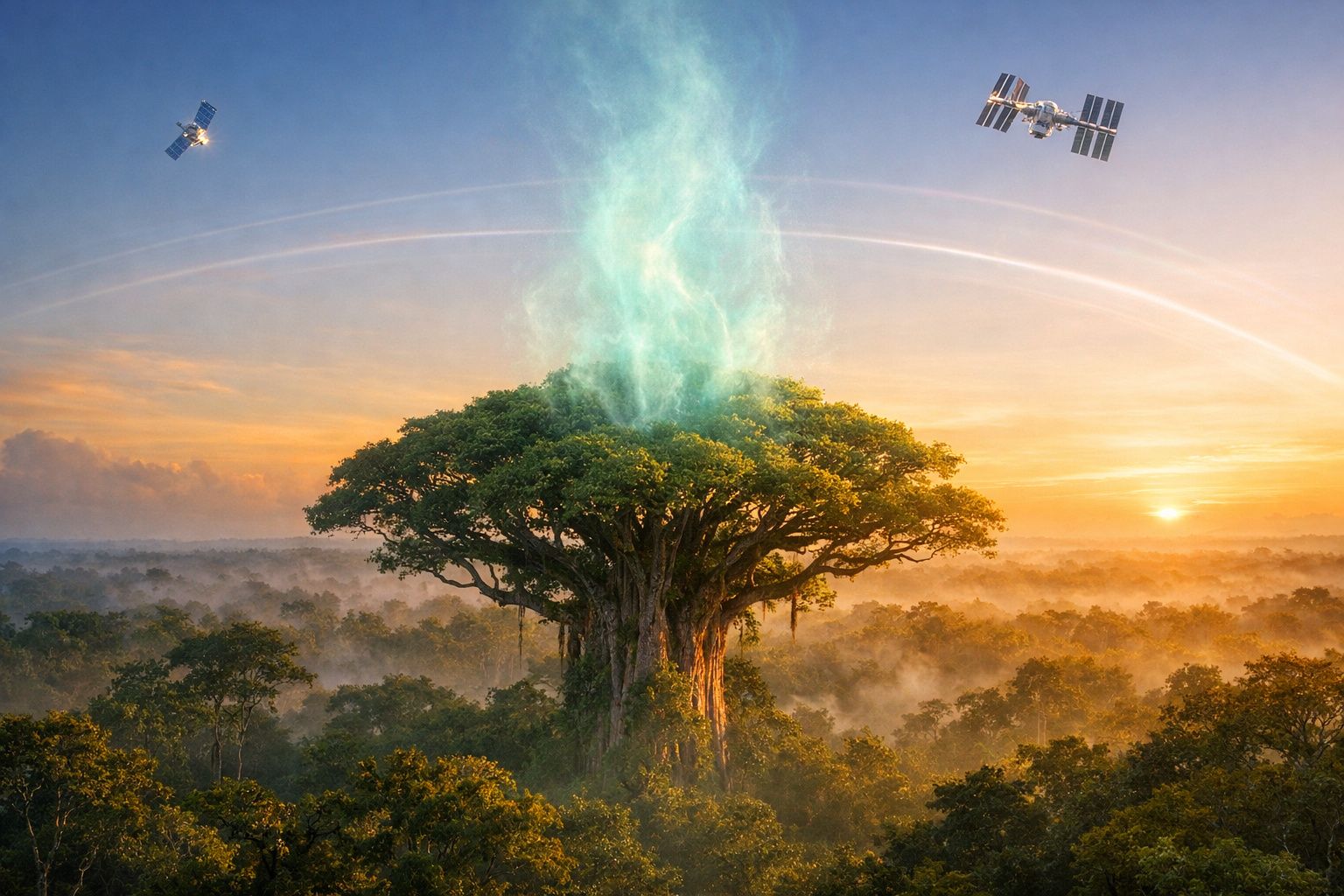 Árvore gigante numa floresta ao pôr do sol com satélites a orbitar e um mistério de luz azul no topo.