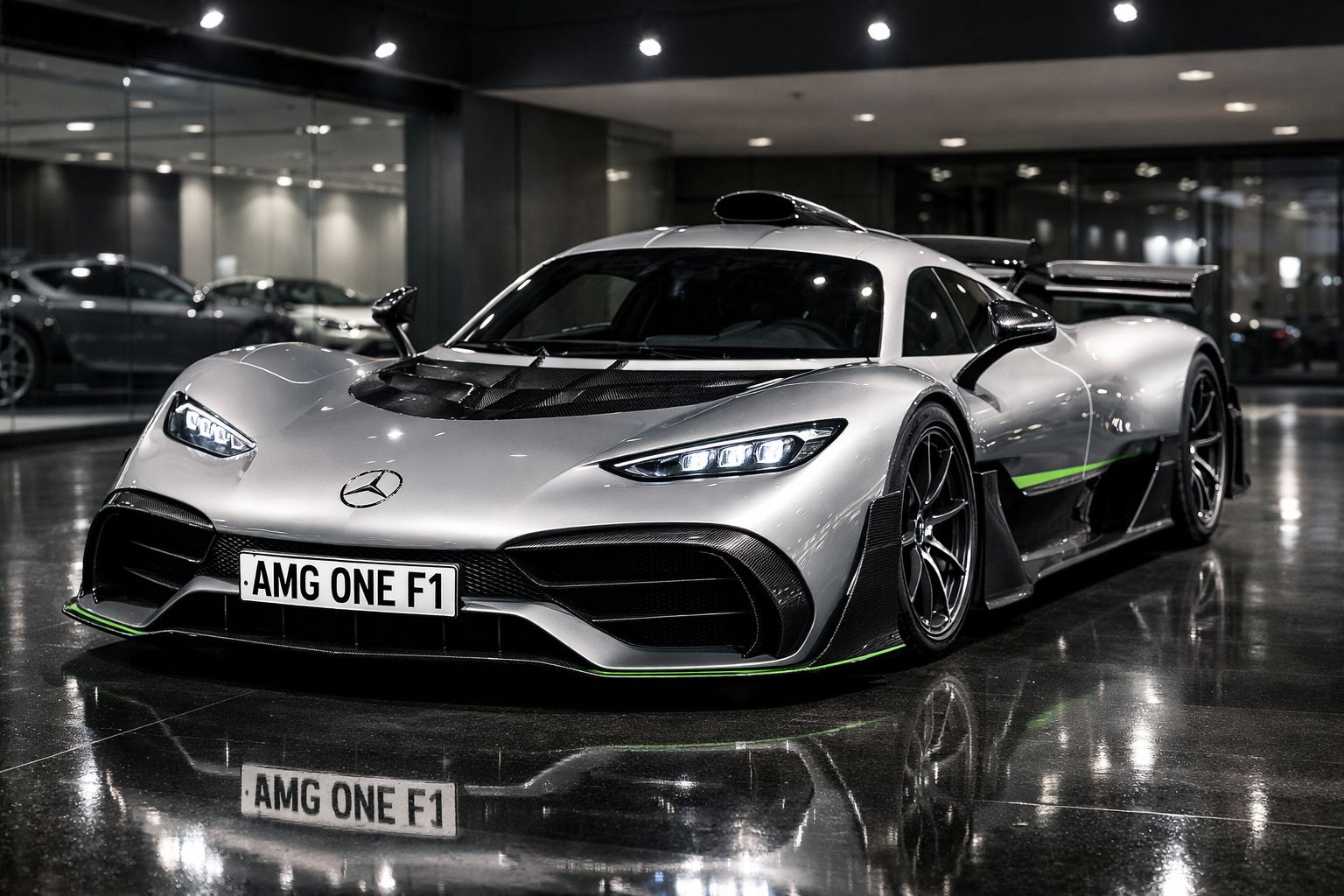 Carro desportivo prata Mercedes-AMG One estacionado em piso refletor de interior.