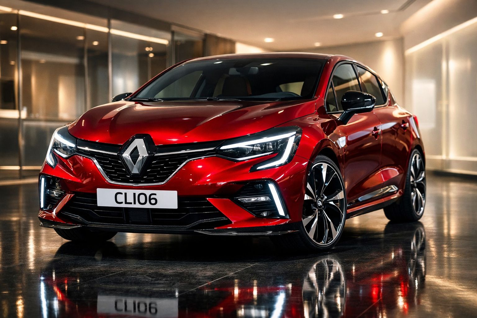 Renault Clio vermelho brilhante estacionado em interior com luzes LED ligadas refletindo no chão polido.