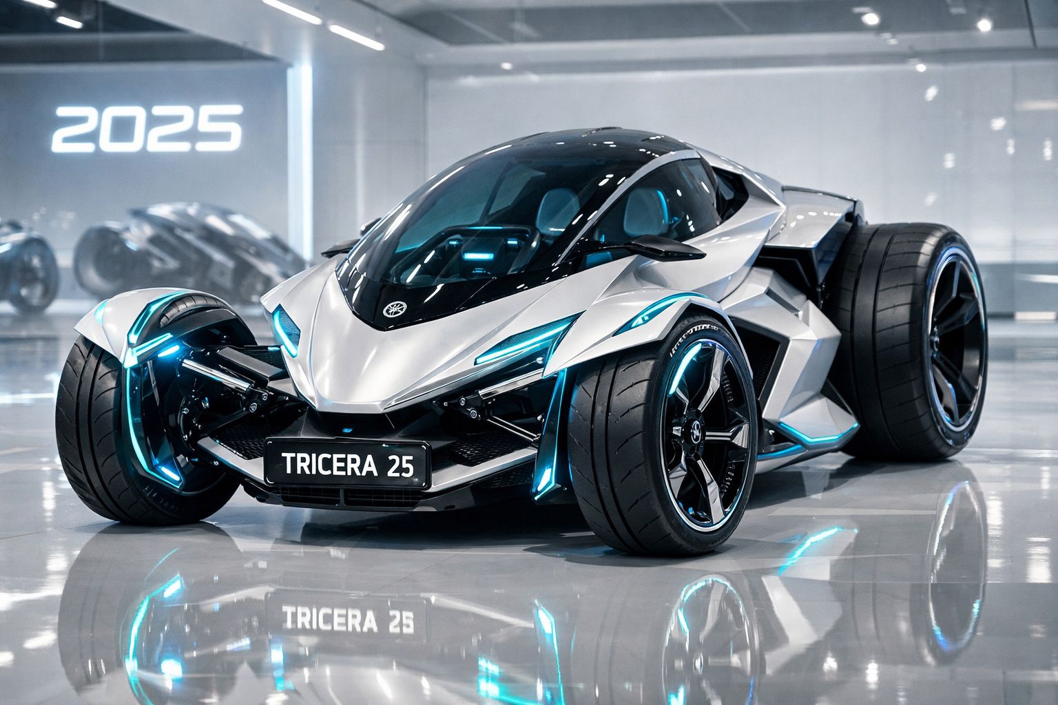 Carro desportivo futurista prateado com luzes azuis e design aerodinâmico numa exposição moderna.