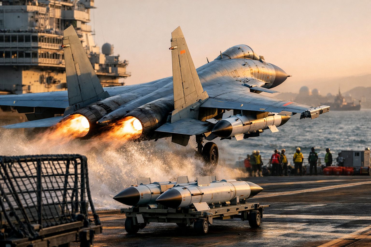 Caça militar a descolar de porta-aviões com motores em plena ignição ao entardecer.