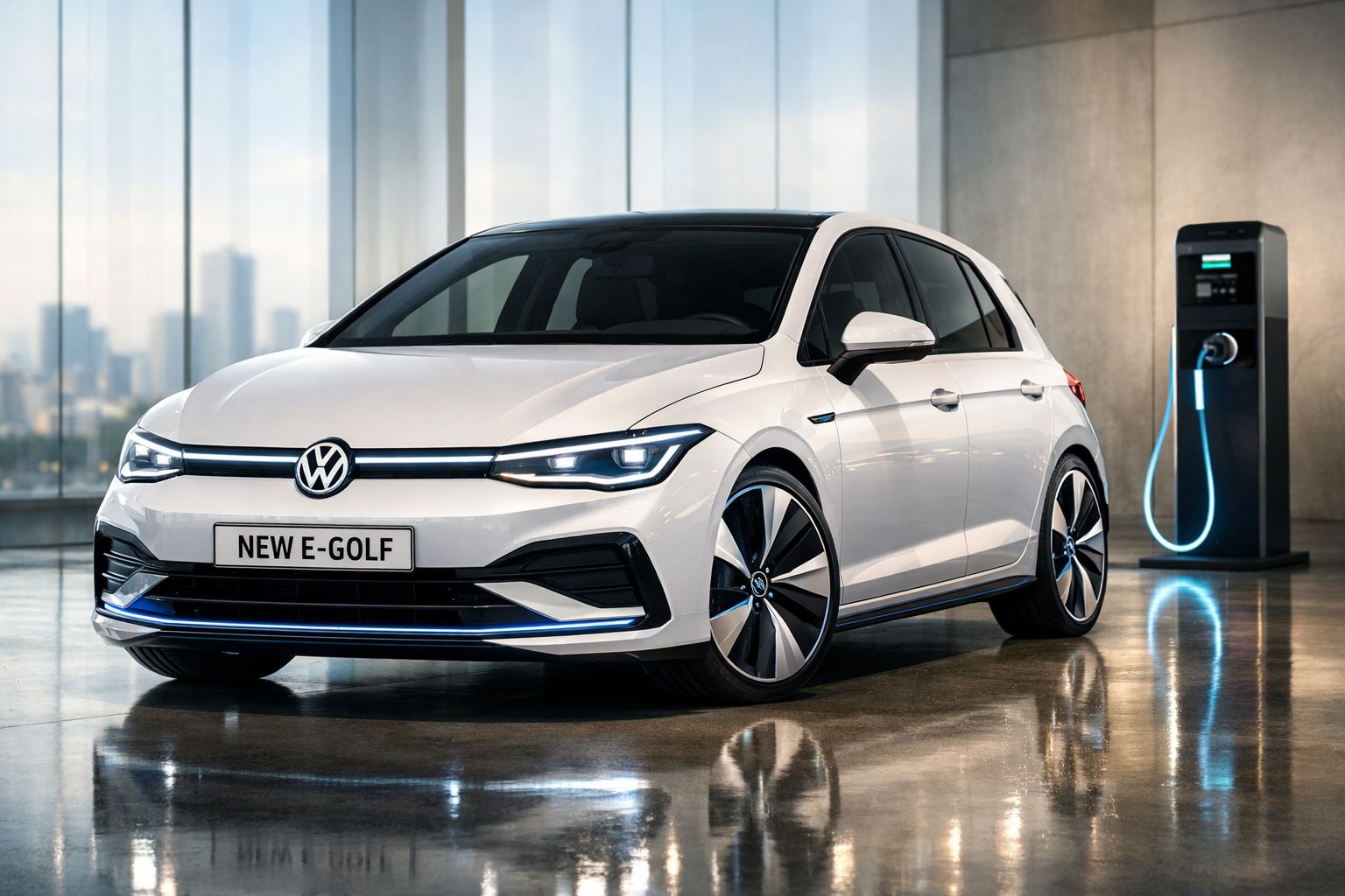 Volkswagen New e-Golf elétrico branco estacionado junto a estação de carregamento interior.