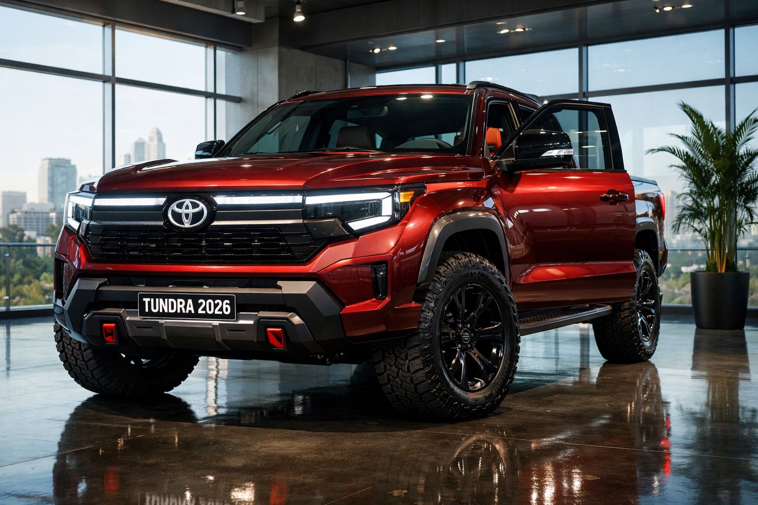 Picape Toyota Tundra 2026 vermelha, estacionada dentro de edifício com grandes janelas e porta aberta.