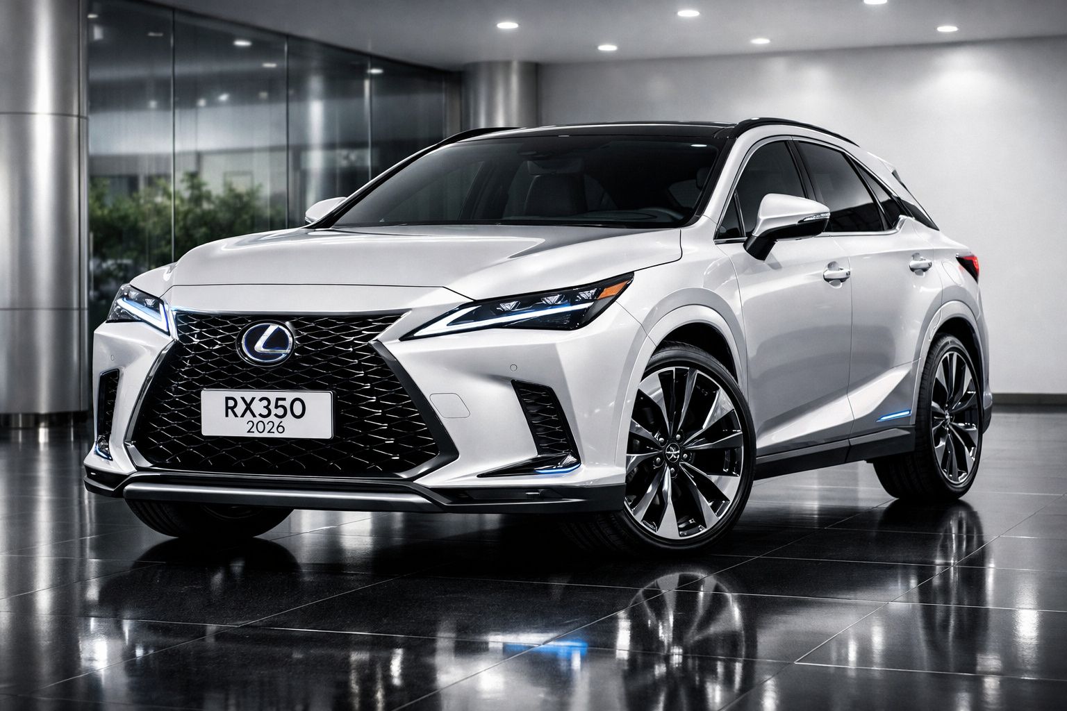 Automóvel Lexus RX350 2026 branco estacionado em interior moderno com chão refletor.