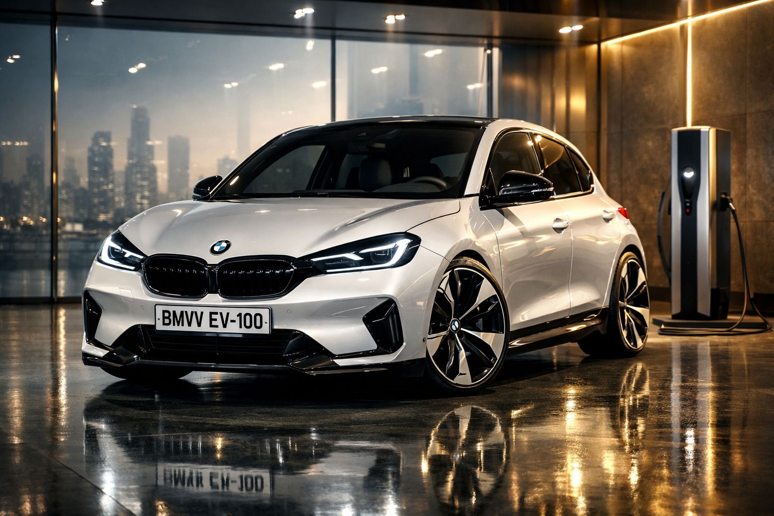 Carro elétrico BMW branco estacionado em estação de carregamento com iluminação moderna refletida no chão molhado.