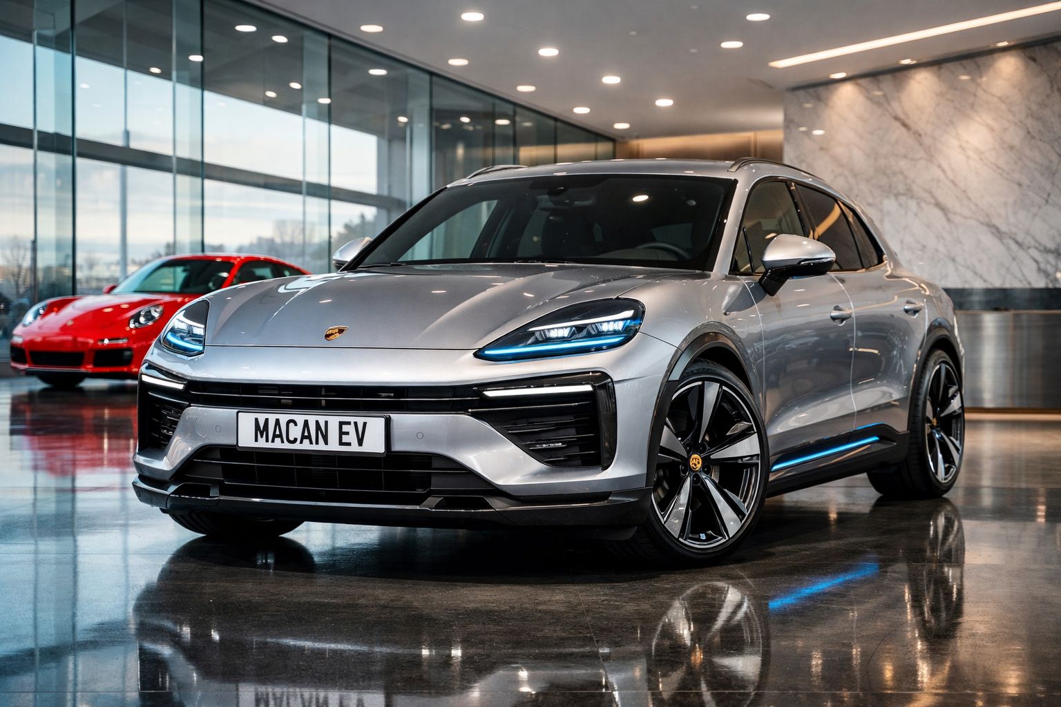Carro elétrico Porsche Macan EV cinza estacionado em showroom moderno com chão refletor e carro desportivo vermelho ao fundo.