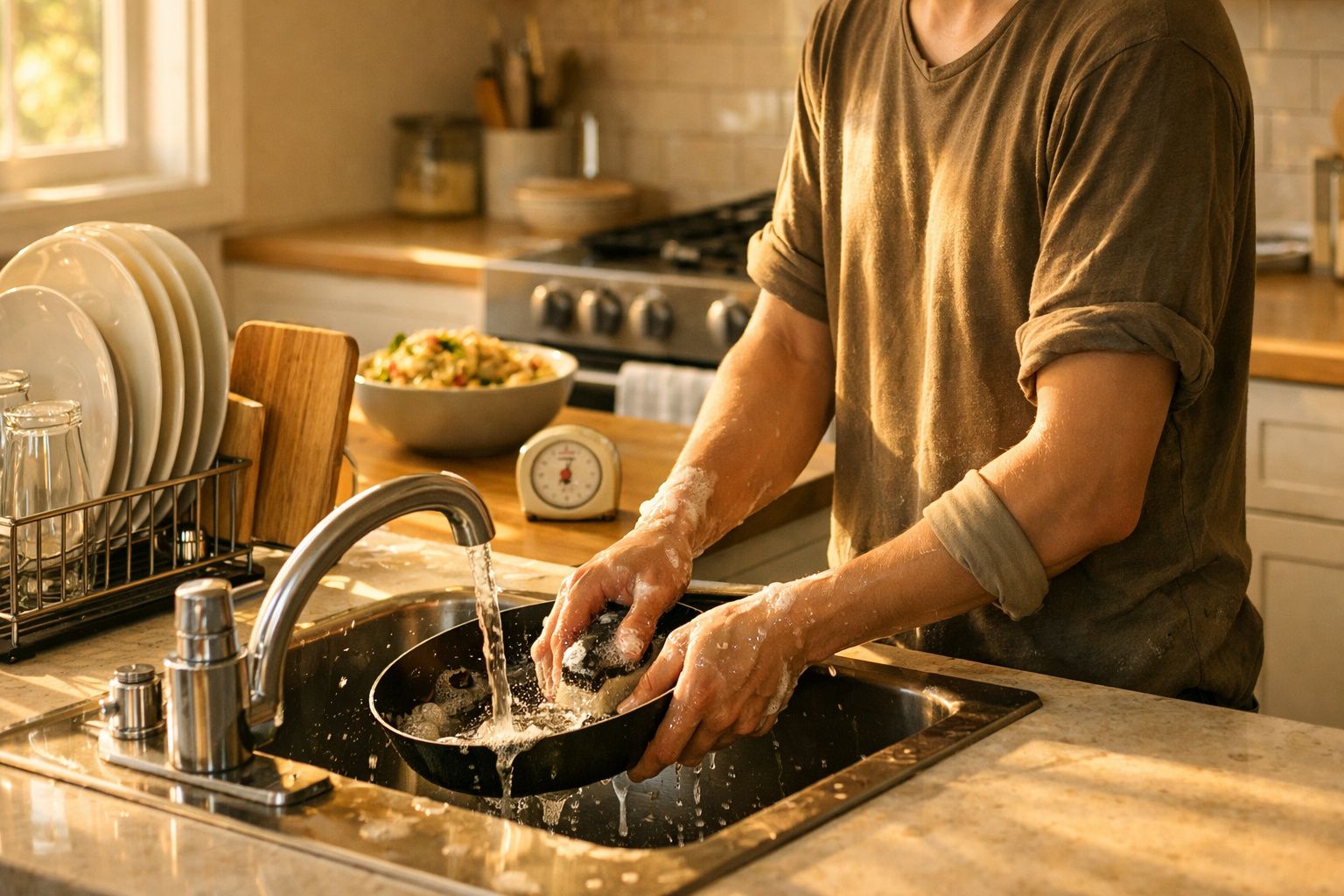 Pessoa a lavar uma frigideira preta na pia de cozinha com água corrente e detergente.