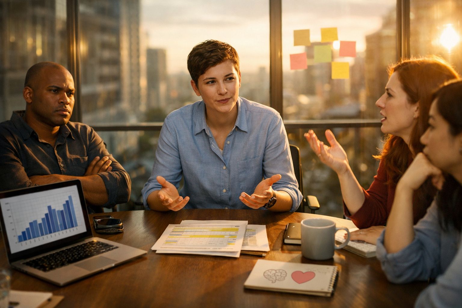 Quatro pessoas numa reunião de trabalho discutem dados com gráficos e notas num escritório iluminado ao fim da tarde.