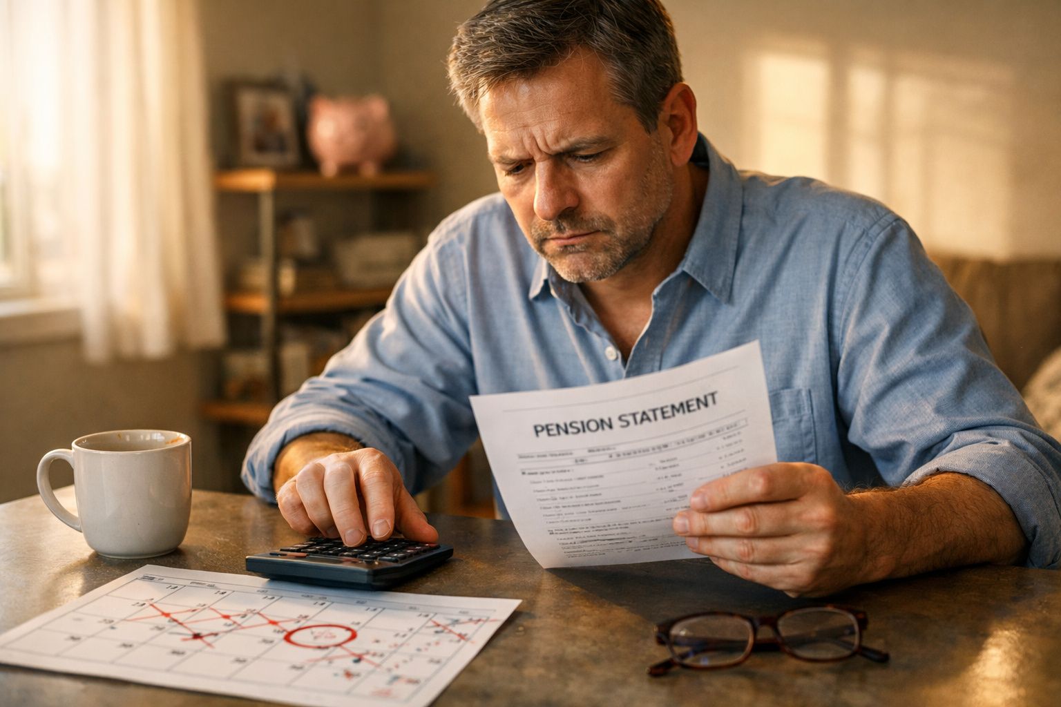 Homem preocupado analisa extrato de pensão enquanto usa calculadora numa mesa com café e documentos.