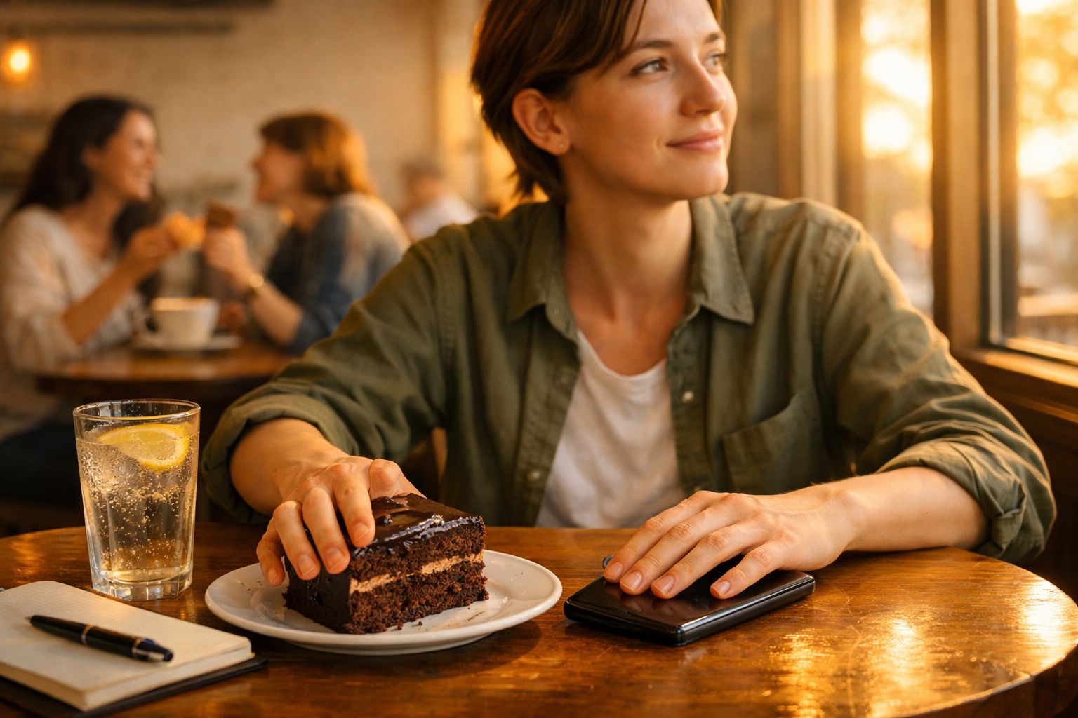 Jovem sentada numa cafetaria com fatia de bolo de chocolate e copo de água com limão à sua frente.