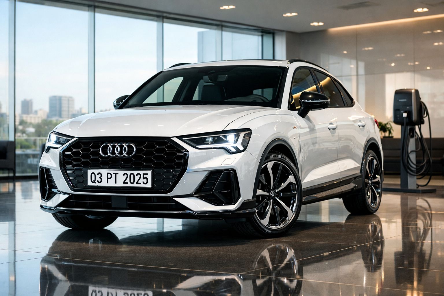 Carro Audi Q3 branco estacionado em showroom moderno com carregador elétrico ao fundo.