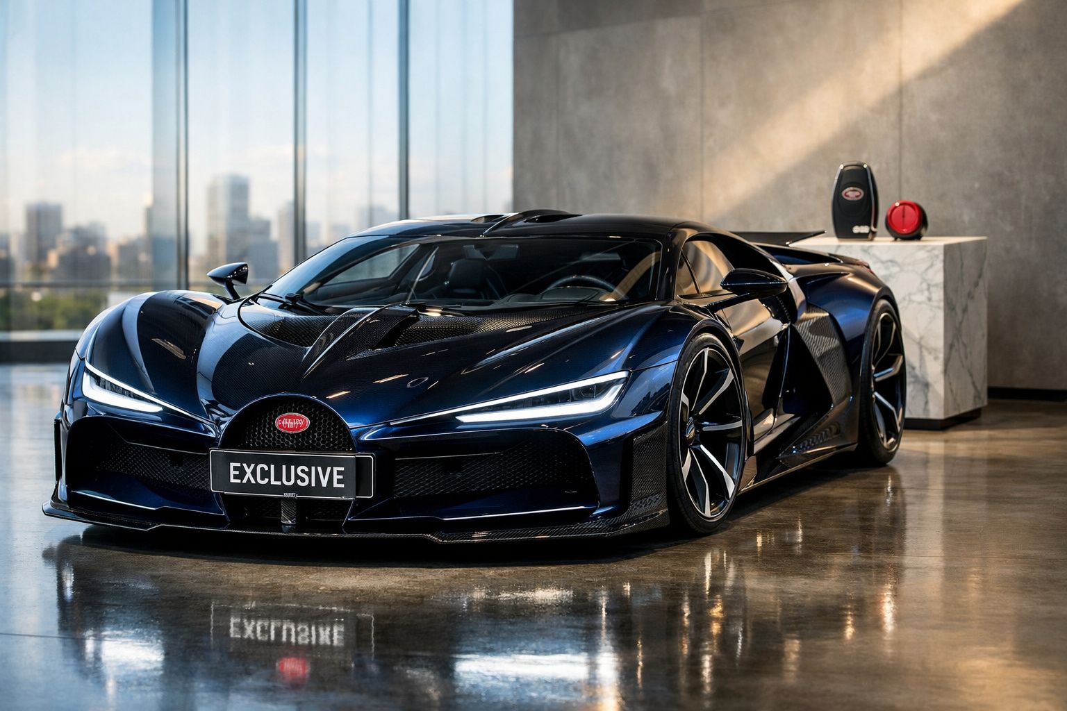 Automóvel desportivo Bugatti Chiron em azul metálico numa garagem moderna com piso reflexivo.