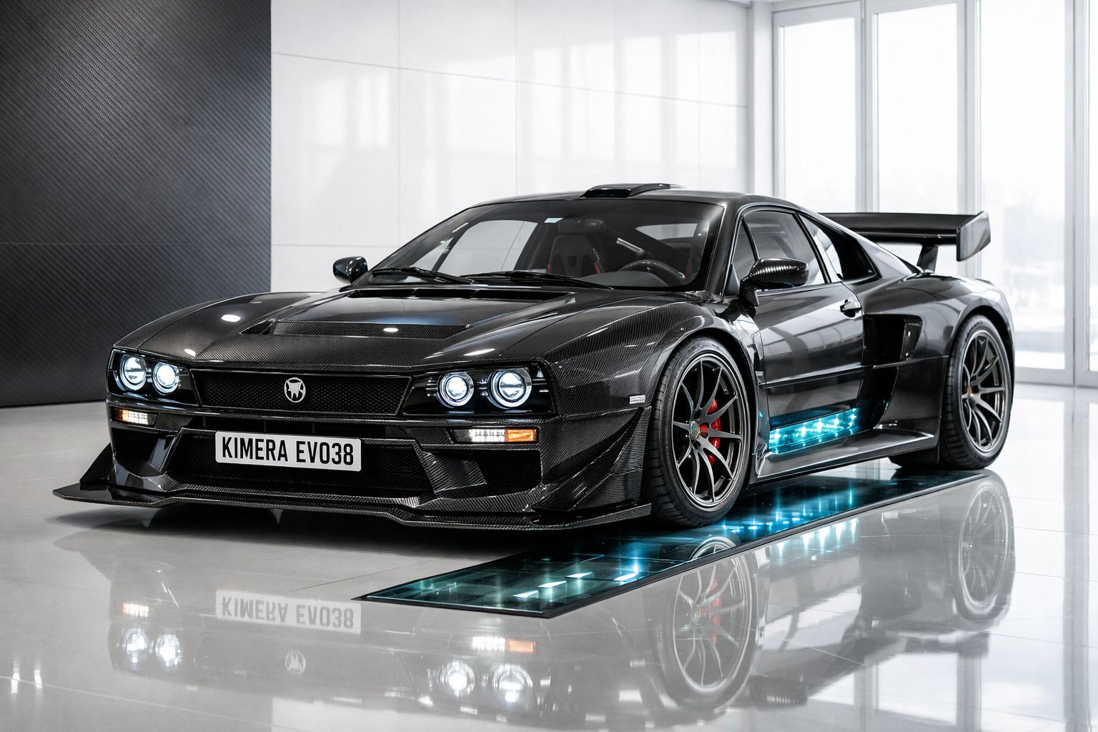Carro desportivo preto Kimera EVO38 com detalhes em fibra de carbono e luzes LED azuis, em ambiente minimalista.