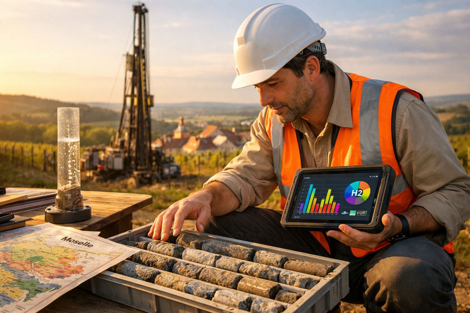 Engenheiro com capacete e colete reflete sobre análise de amostras de solo em exploração agrícola.