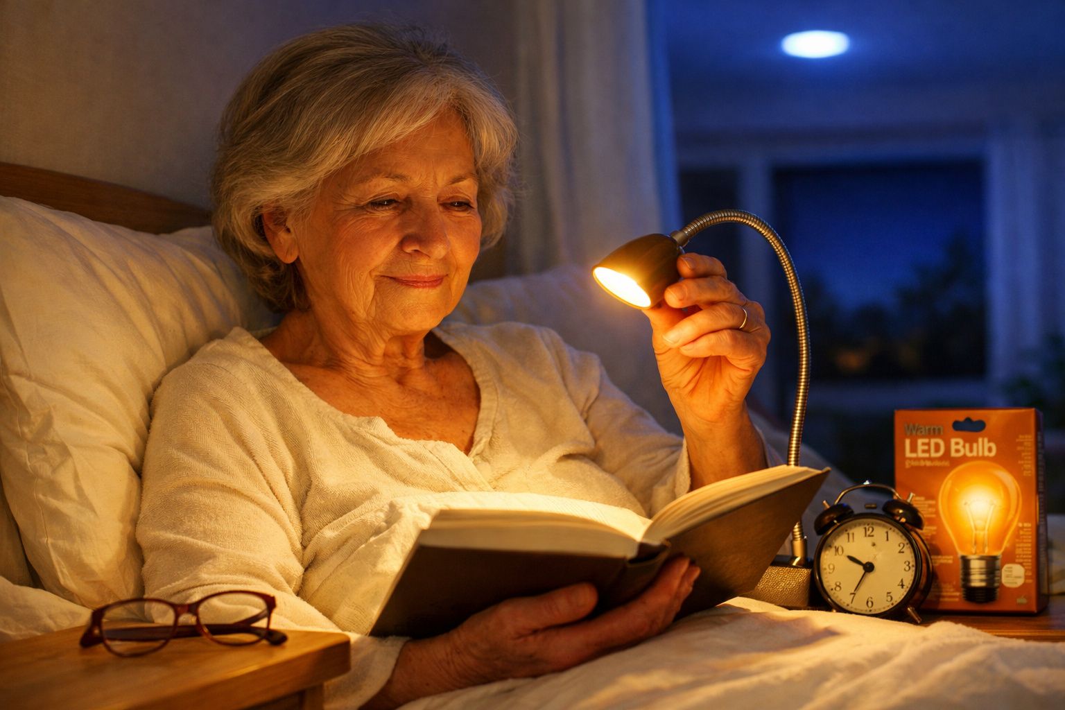 Mulher idosa a ler livro na cama com luz de candeeiro à noite, óculos e despertador ao lado.