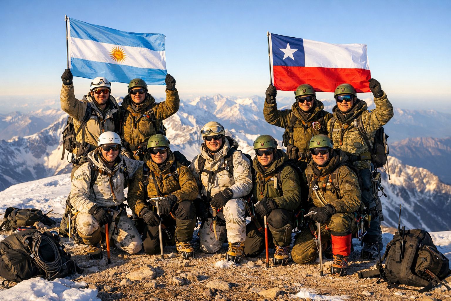 Grupo de alpinistas com bandeiras da Argentina e Chile no cume de montanha nevada ao amanhecer.