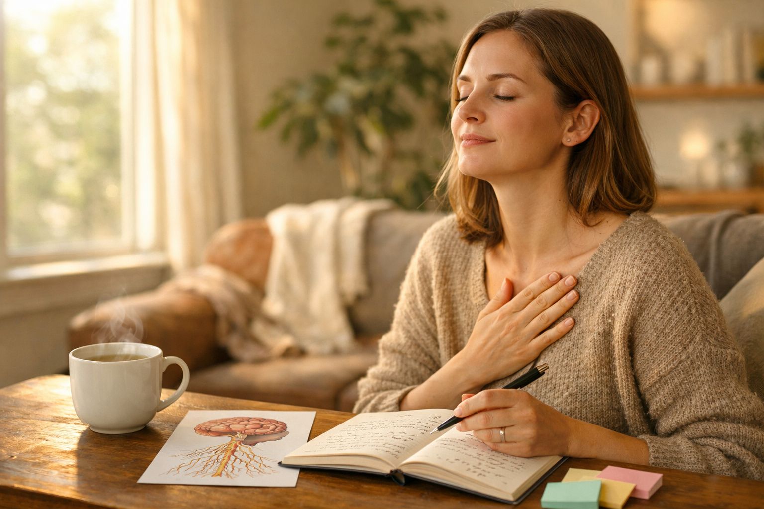 Mulher sentada com expressão serena, mãos no peito, lendo e escrevendo num caderno, com chá quente na mesa.