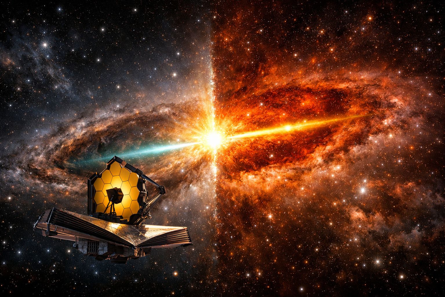 Telescópio espacial observa explosão brilhante e jatos de energia numa galáxia ao fundo do espaço.