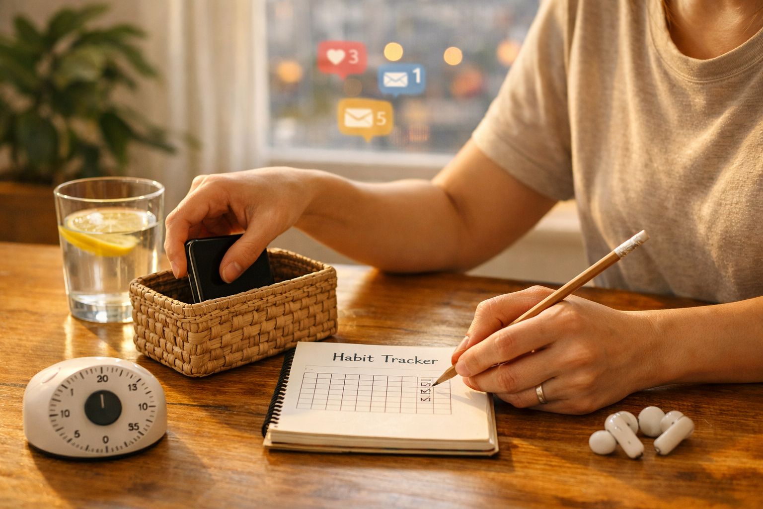 Pessoa a desligar telemóvel para focar em rastreamento de hábitos num caderno, com temporizador e água na mesa.