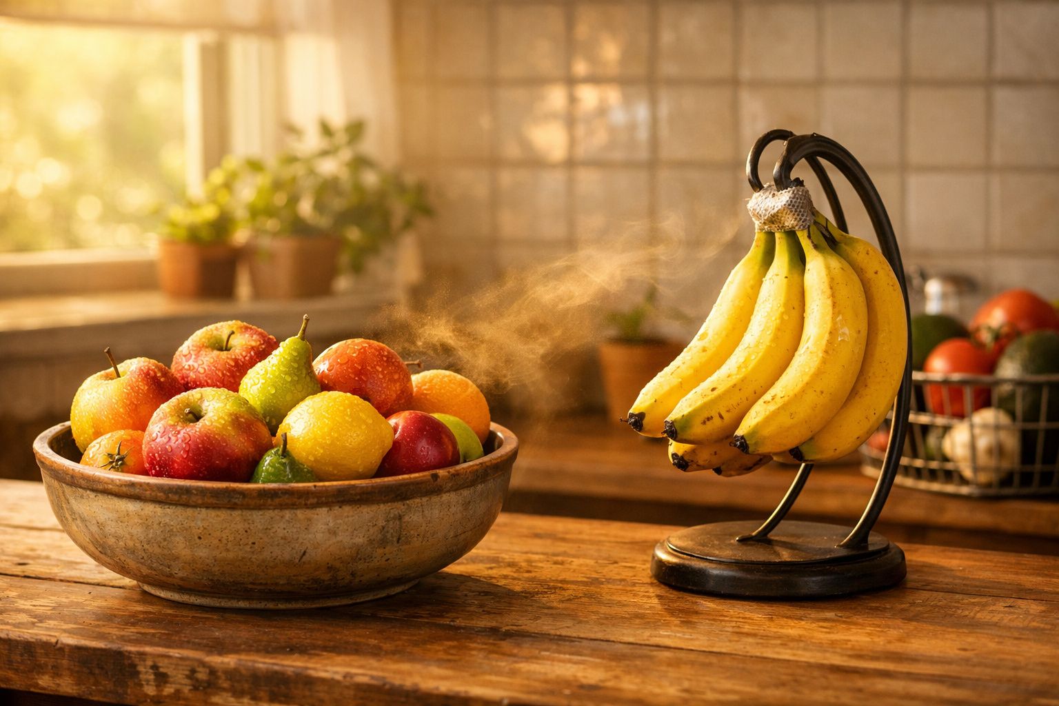 Fruteira em madeira com maçãs, peras e limões, e cacho de bananas num suporte metálico numa cozinha iluminada.