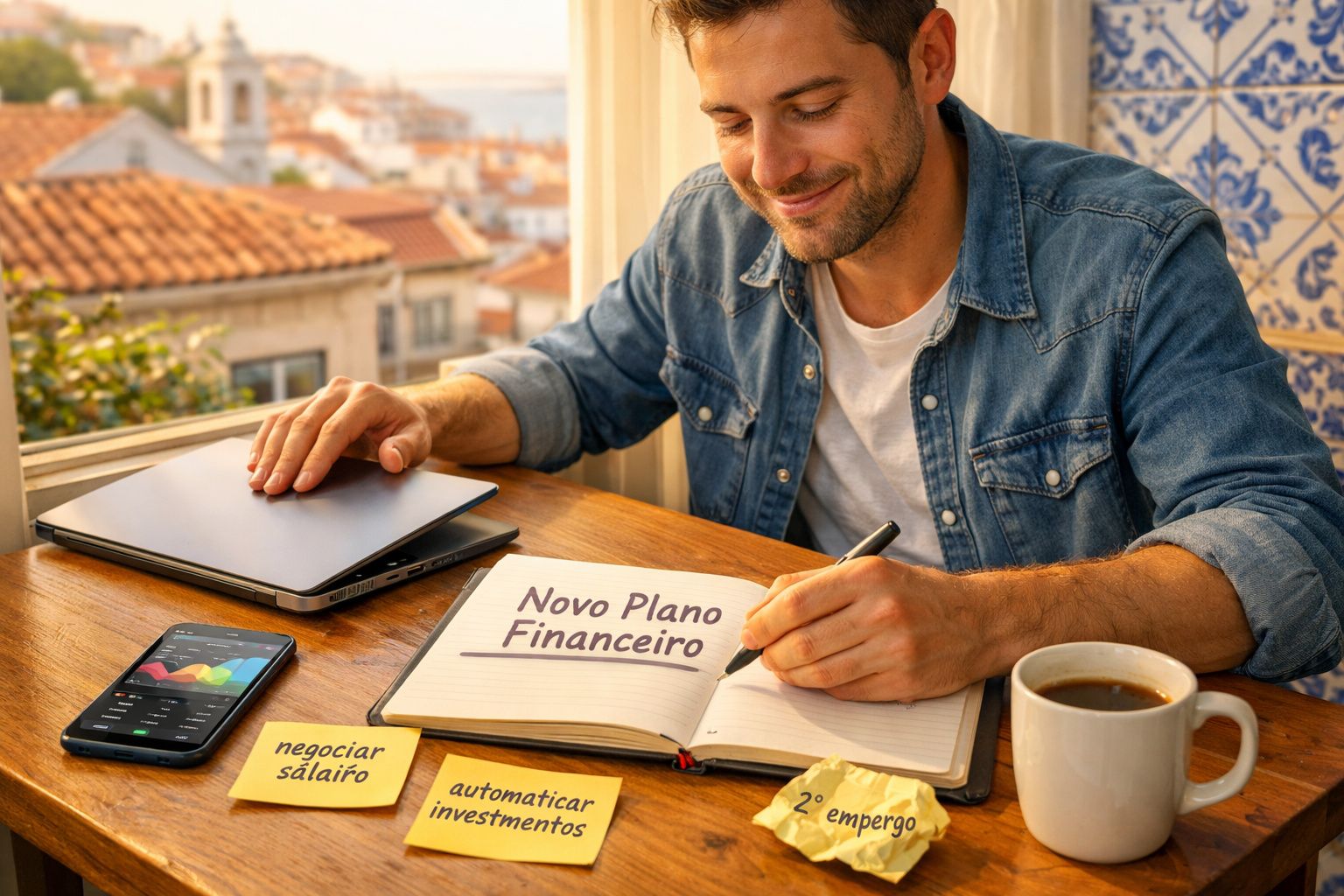 Homem a planear finanças com caderno, notas adesivas, computador, telemóvel e café numa mesa junto à janela.