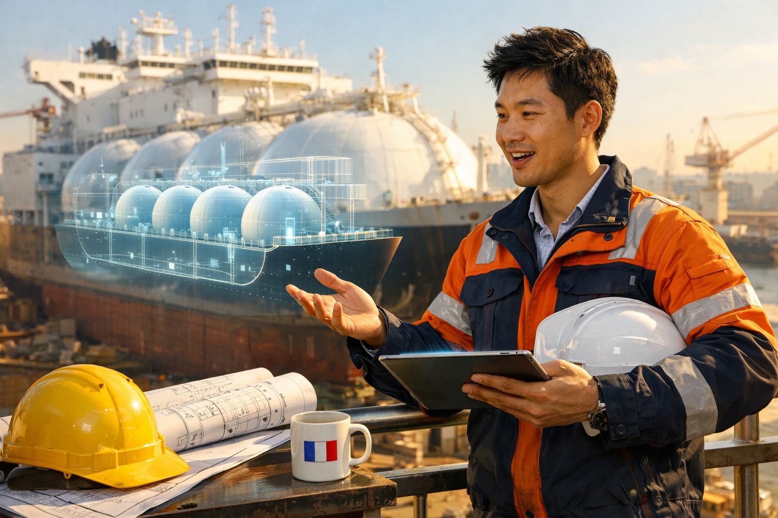 Engenheiro em estaleiro naval a apresentar modelo digitalizado de navio de gás natural liquefeito.