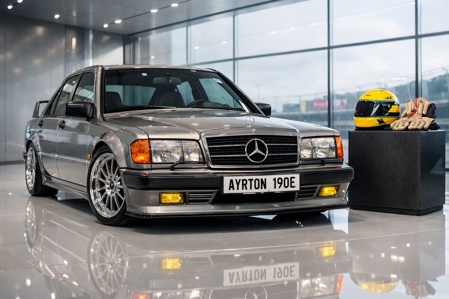 Mercedes-Benz 190E cinzenta num showroom, com capacete de corrida amarelo e luvas a seu lado.