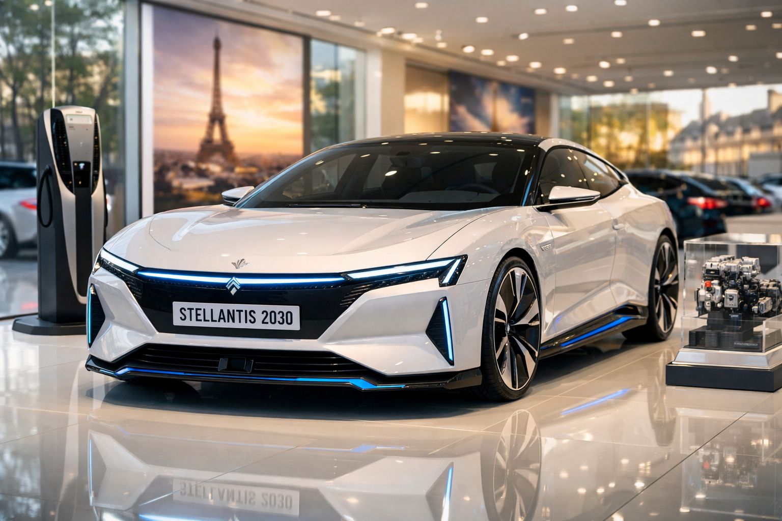 Carro elétrico branco futurista Stellantis 2030 em exposição numa sala com carregador e modelos mecânicos.