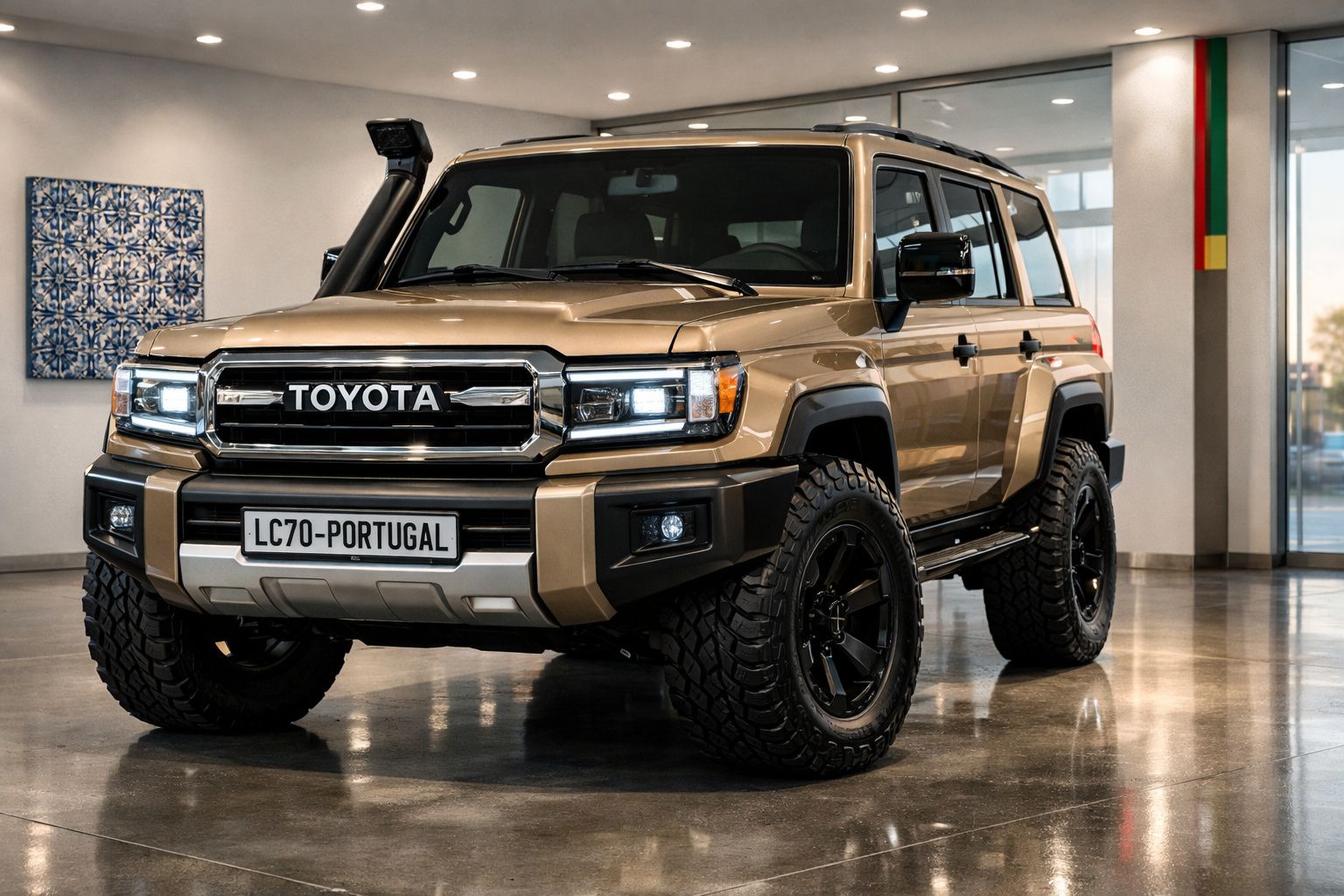 Toyota Land Cruiser 70 de cor bege, com pneus robustos, exposto num espaço interior moderno.