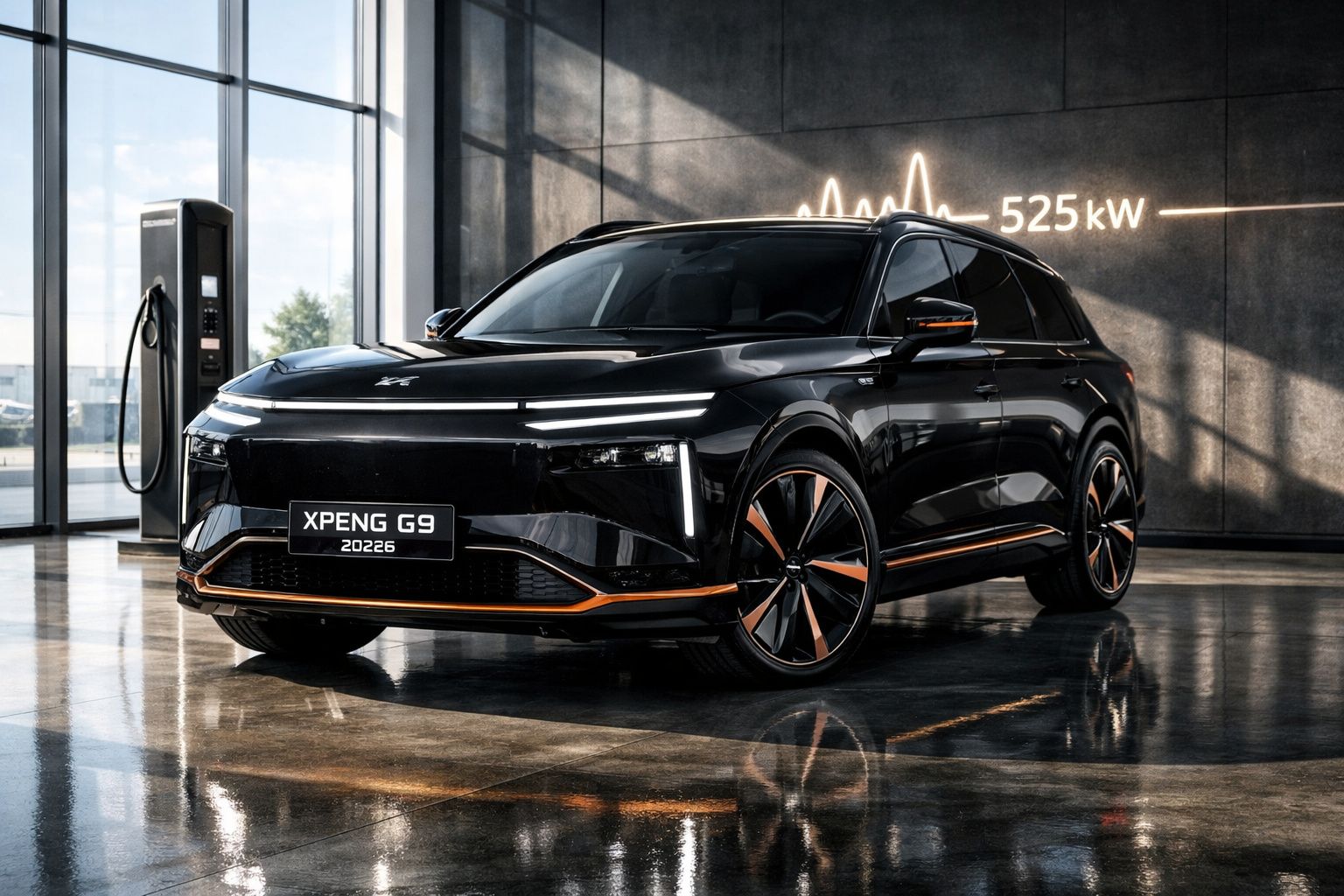 Carro elétrico preto XPENG G9 estacionado junto a posto de carregamento interior, luz 525 kW projetada na parede.