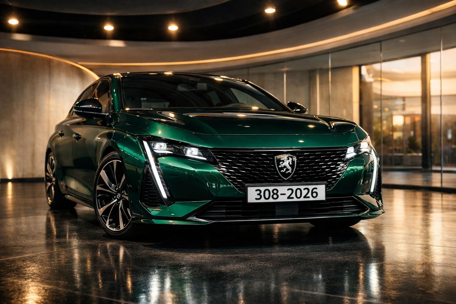 Peugeot 308 verde escuro estacionado numa garagem moderna com iluminação suave e espelhos de vidro.