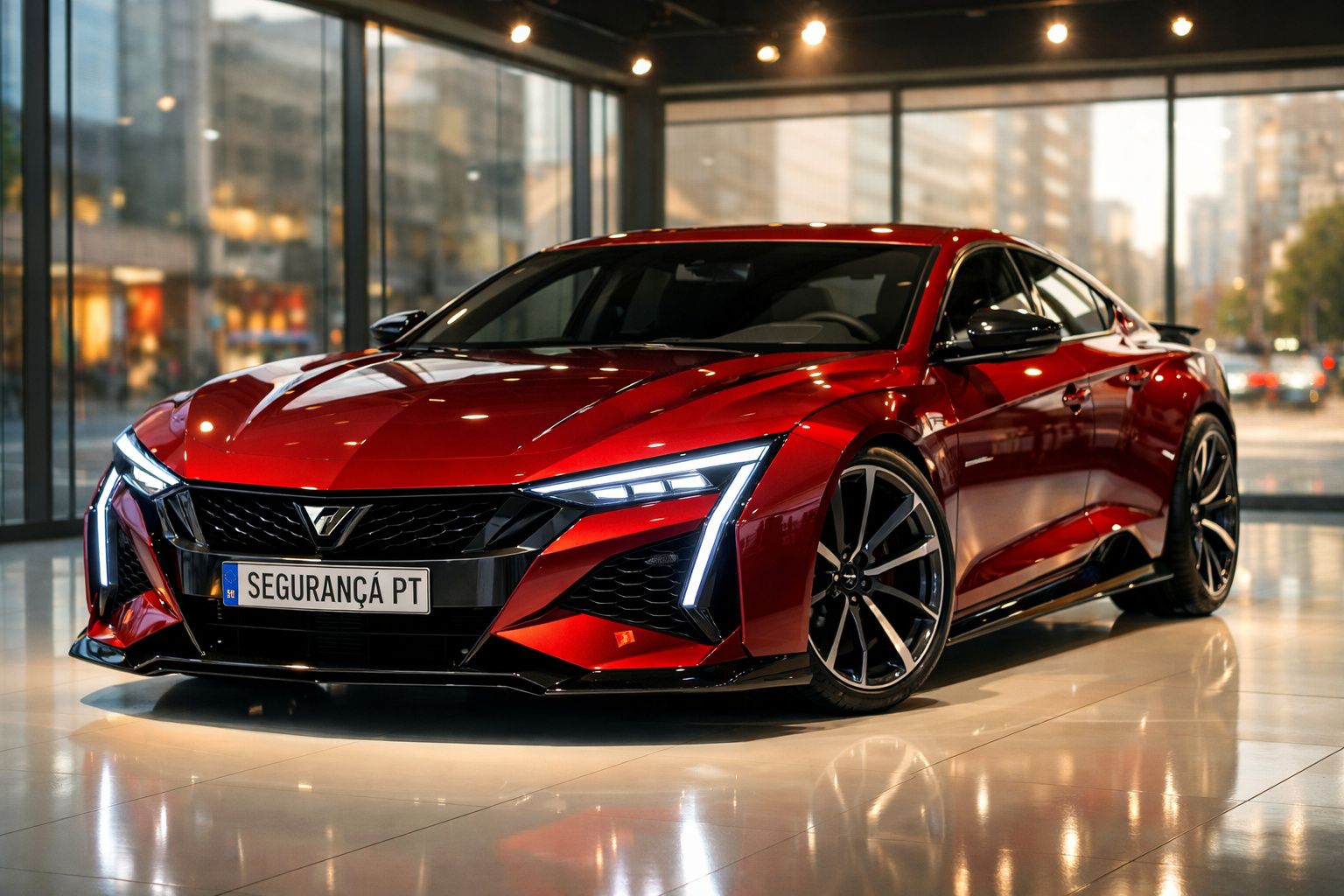 Carro desportivo vermelho estacionado num showroom com luzes LED acesas e matrícula personalizada "SEGURANÇA PT".