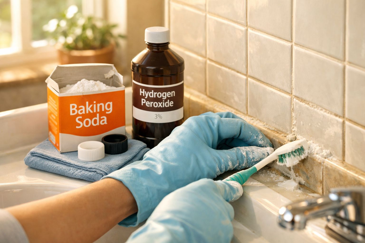 Mãos com luvas azuis limpando azulejos com escova, bicarbonato de sódio e peróxido de hidrogénio na bancada.