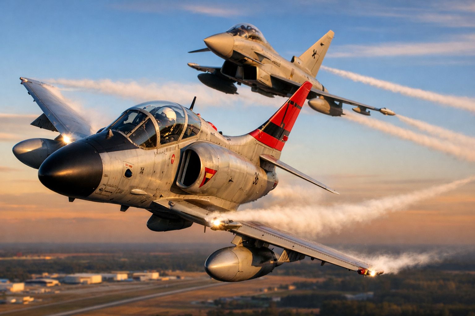 Dois aviões de caça em voo durante o pôr do sol, deixando rastos de fumaça no céu.