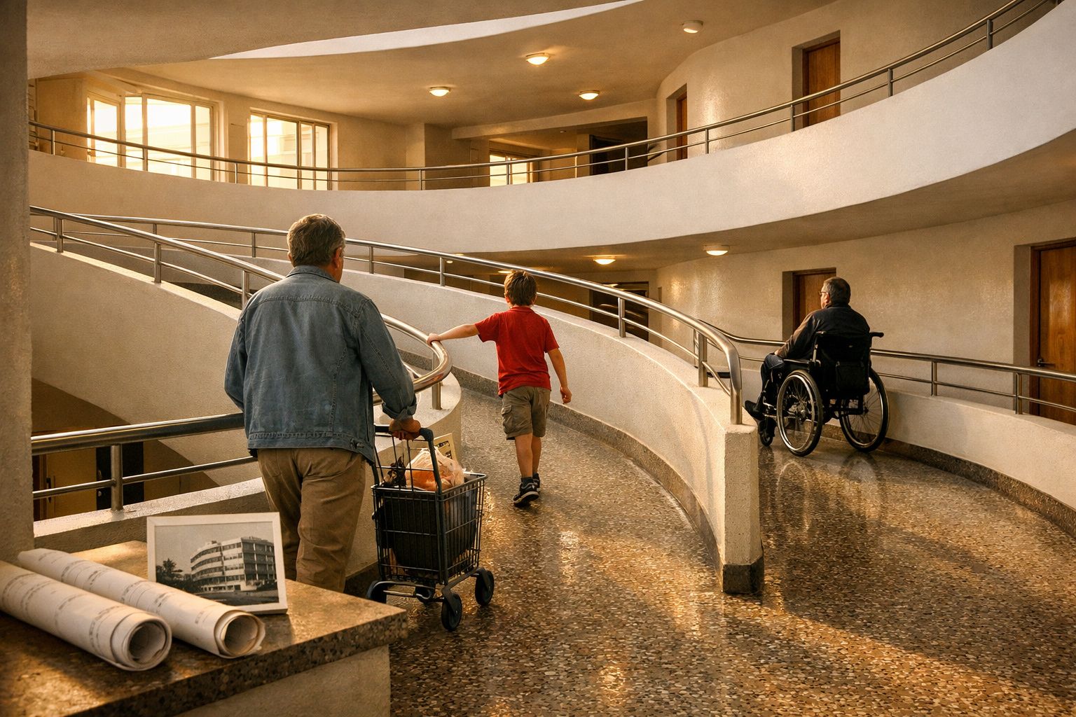 Pessoa idosa com carrinho, criança e homem em cadeira de rodas numa rampa interior de prédio público.