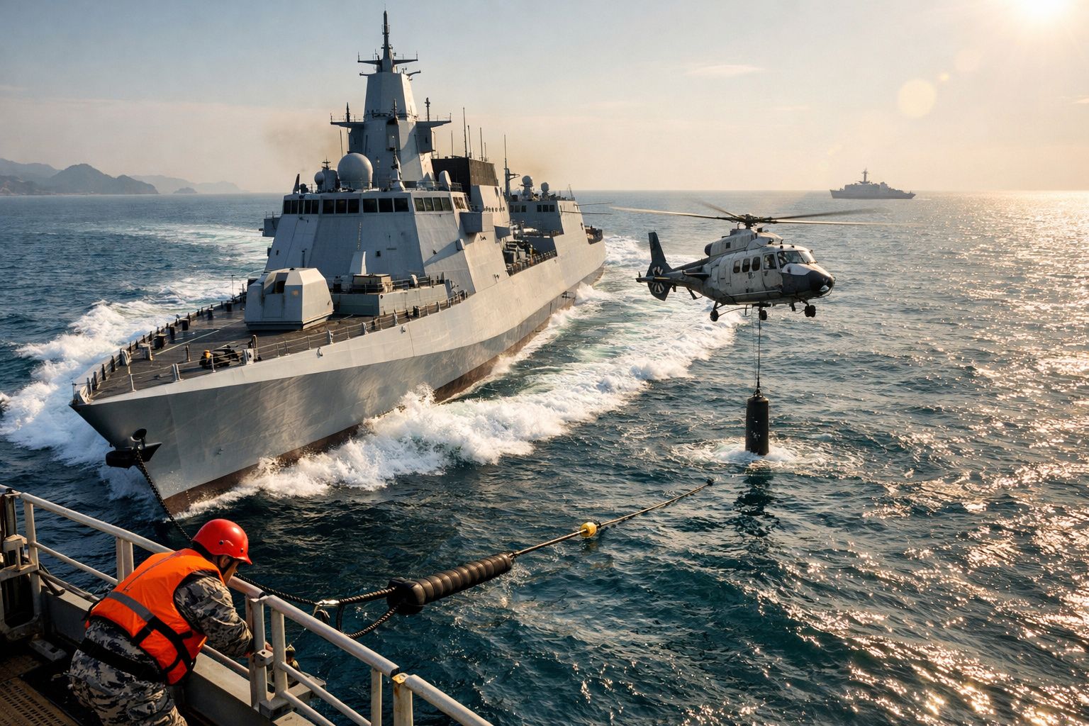 Helicóptero militar a transportar equipamento sobre o mar junto a um navio de guerra com tripulante em colete laranja.