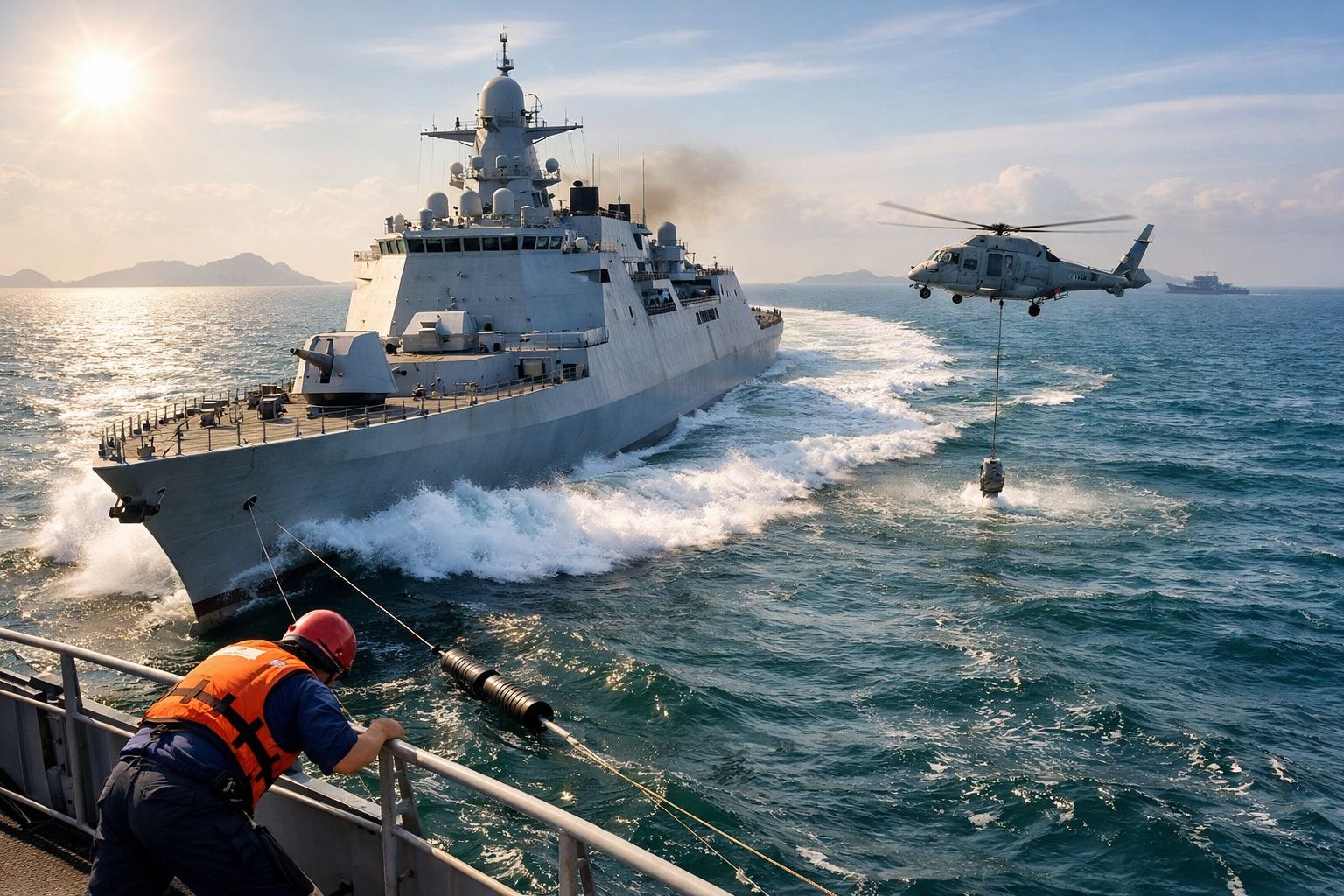 Navio militar em alto mar com helicóptero realizando operação de resgate ou transporte e marinheiro no convés.