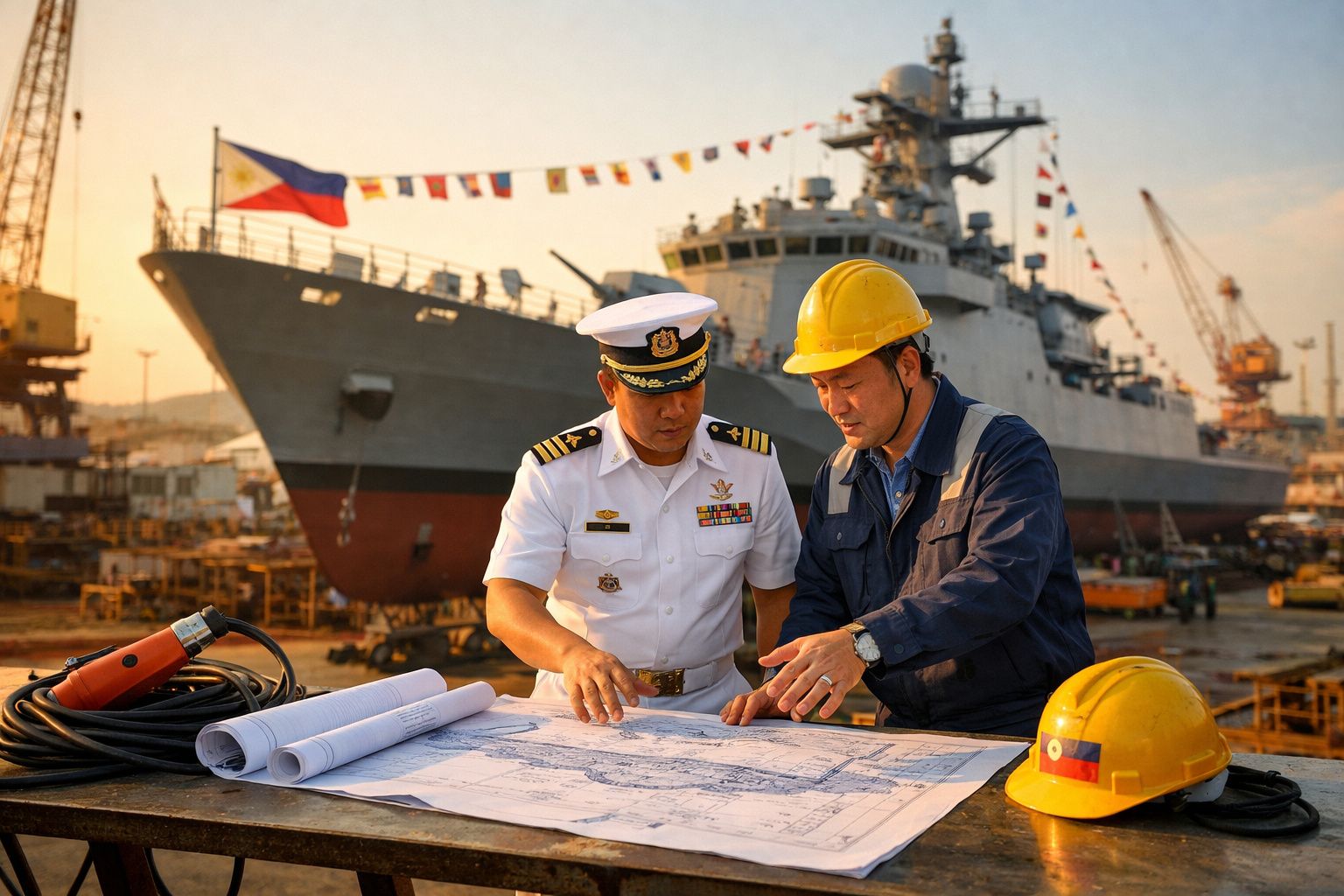 Oficial naval e engenheiro com capacete amarelo analisam planos junto a um estaleiro com navio ao fundo ao pôr do sol.
