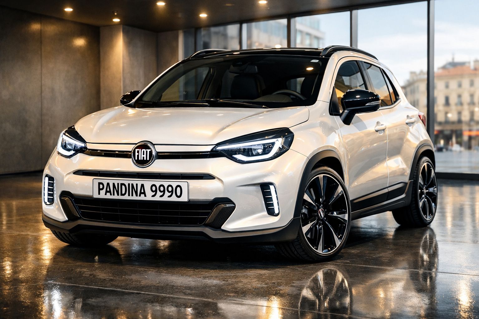 Carro Fiat Pandina branco estacionado em interior com chão brilhante, visto de frente e lado direito.