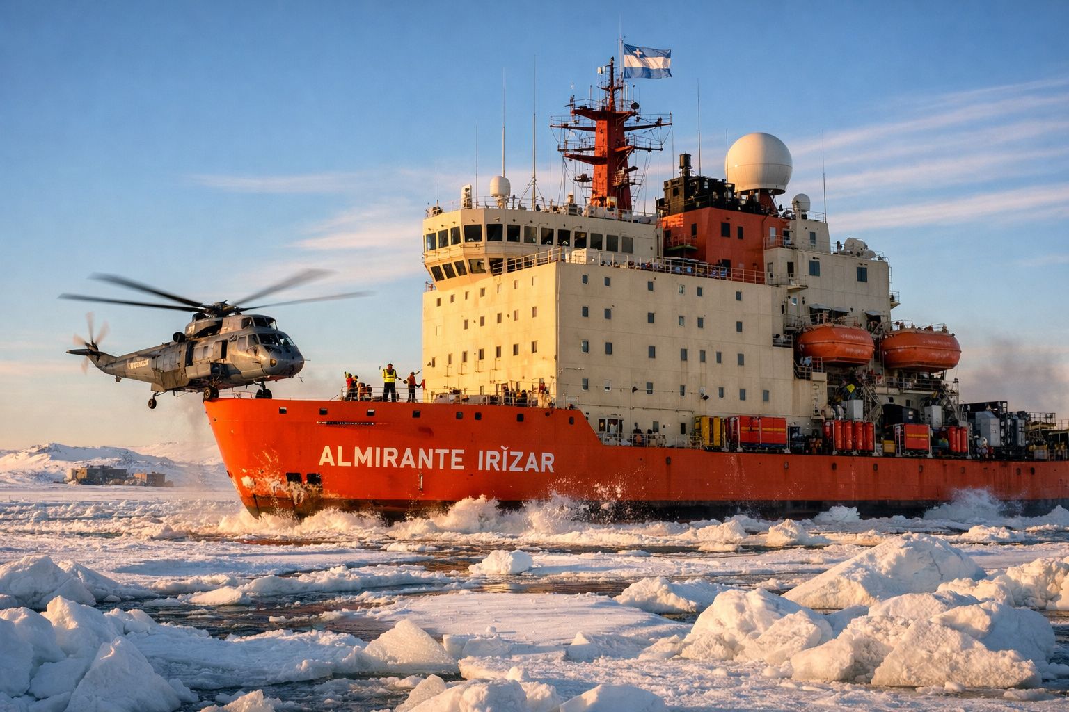 Navio quebra-gelo Almirante Irízar em mar congelado com helicóptero a aproximar-se e tripulantes a bordo.