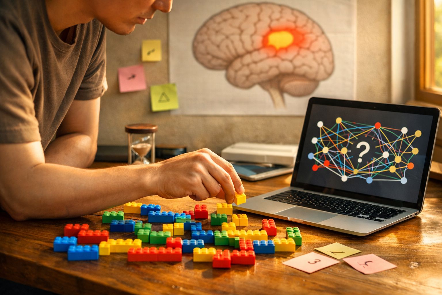 Pessoa a montar blocos coloridos em frente a computador com imagem de cérebro e rede neural.