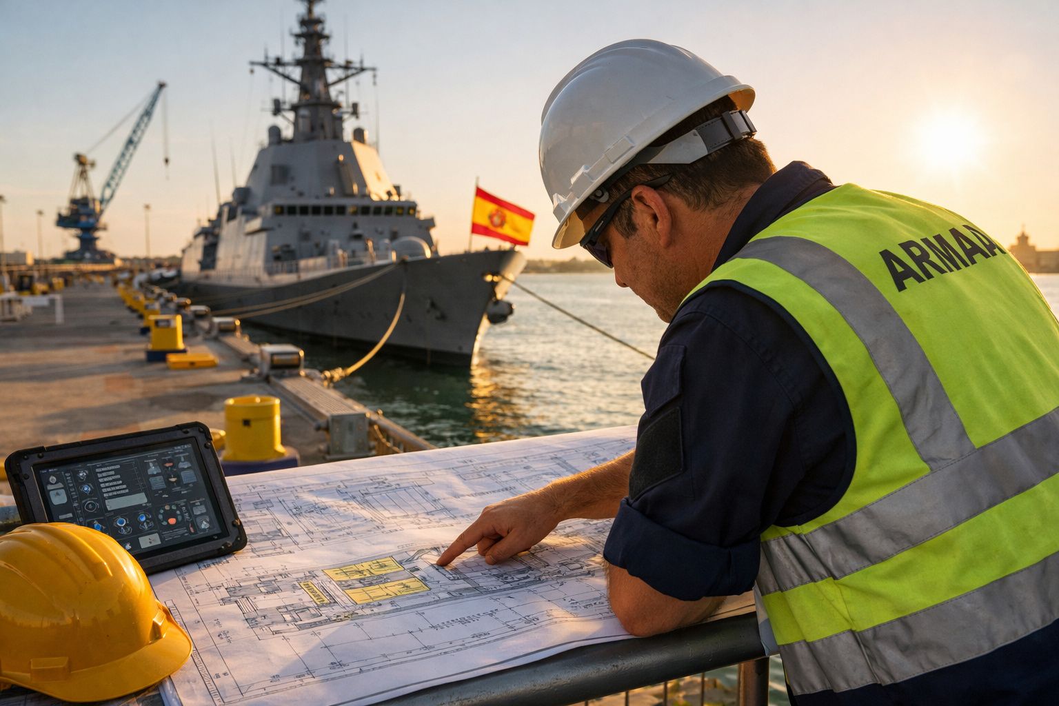 Homem com colete e capacete a analisar plantas junto a um navio militar com bandeira espanhola ao pôr do sol.