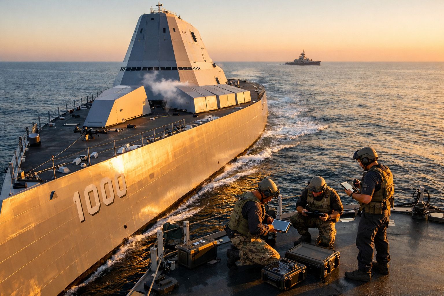 Navios de guerra no mar ao pôr do sol com soldados em atividade a bordo do convés.