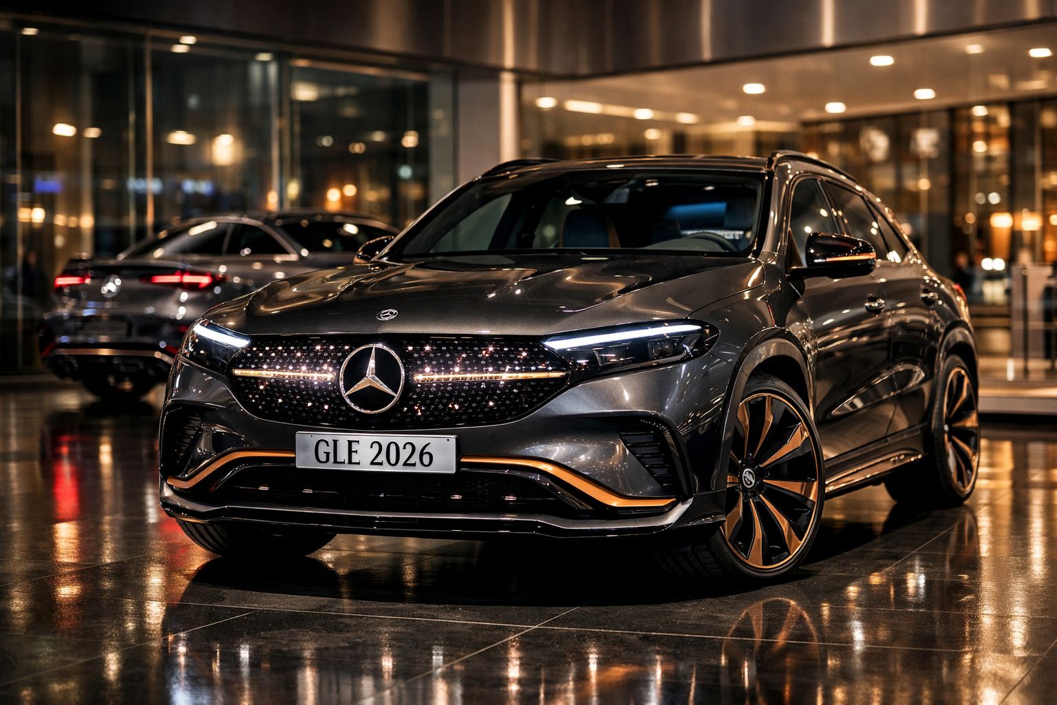 Carro Mercedes-Benz GLE 2026 cinzento com luzes LED ligado em exposição à noite.
