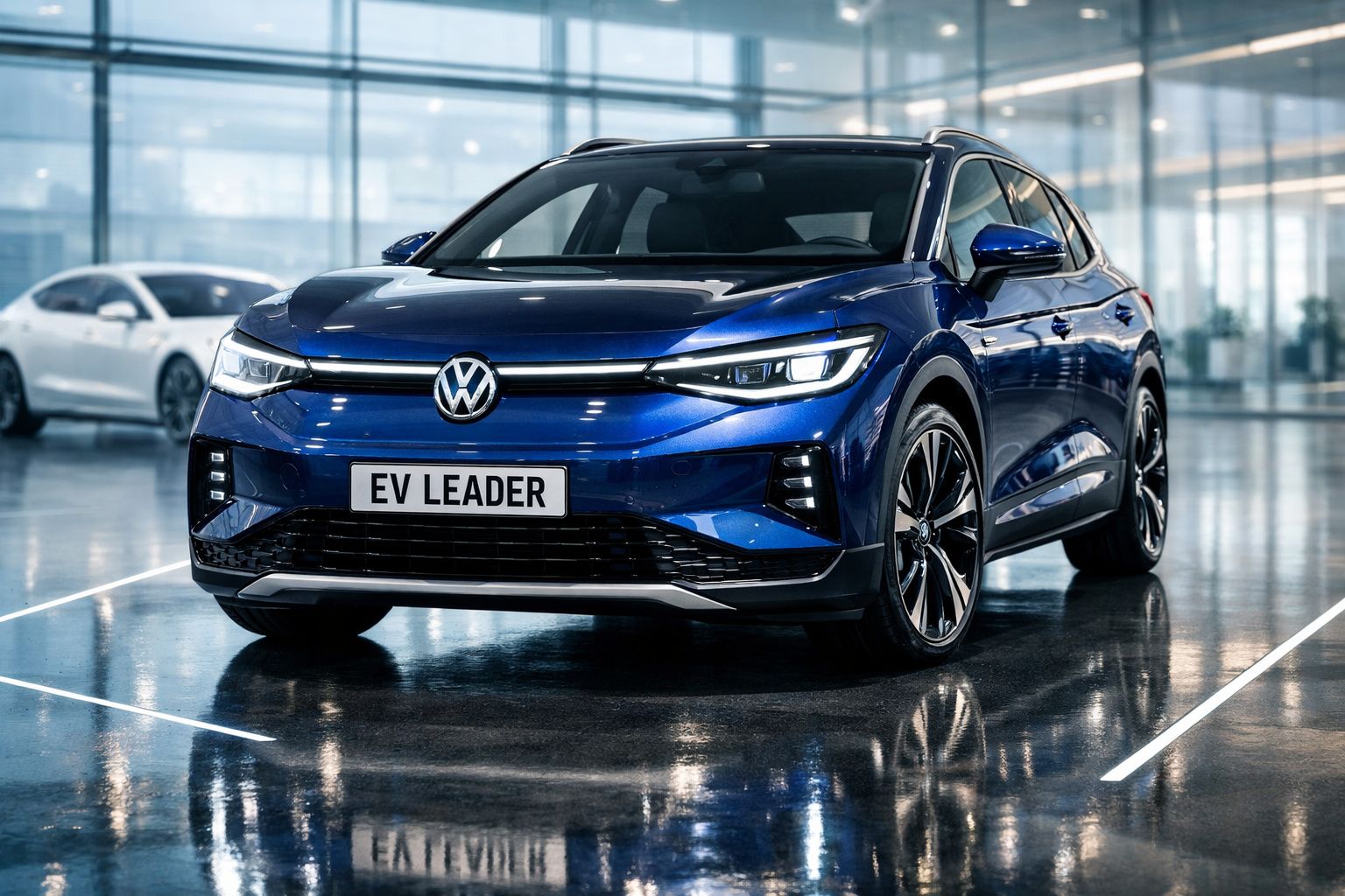 Carro elétrico Volkswagen azul estacionado em parque coberto com luzes refletidas no chão molhado.