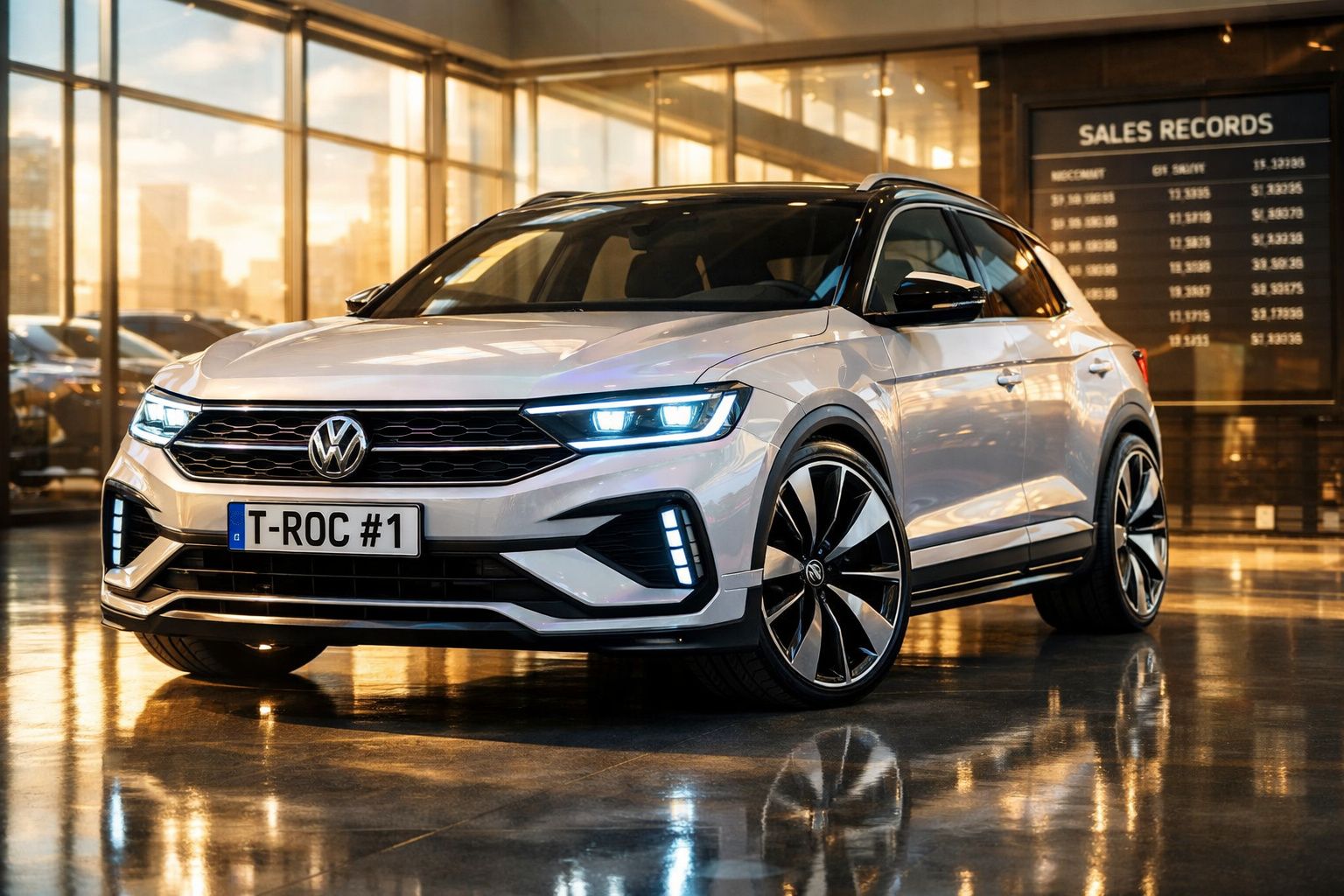 Volkswagen T-Roc branco estacionado em piso brilhante, com faróis ligados e ambiente interno moderno.